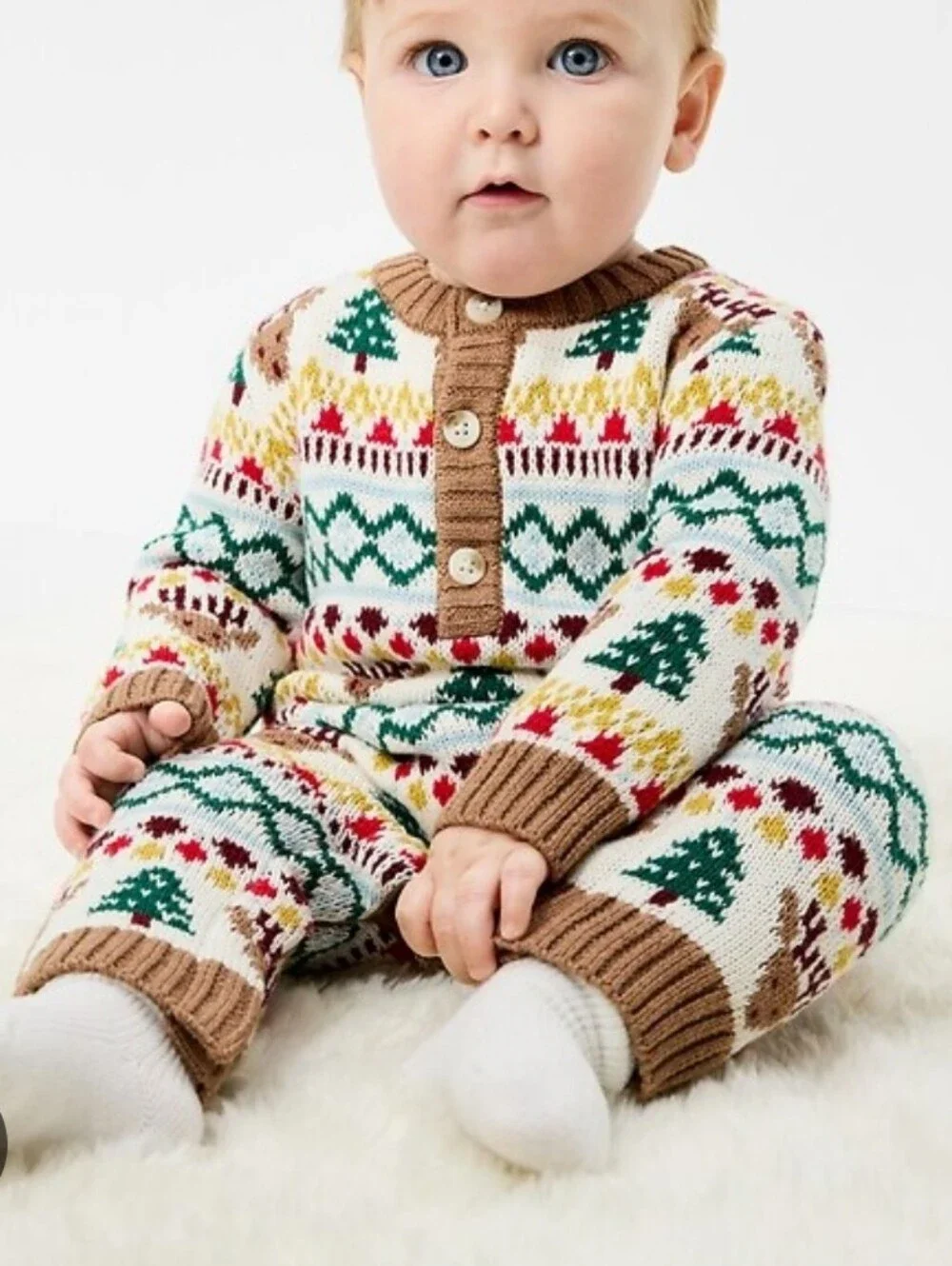 Old Navy Holiday Fair Isle Knit 100 % Cotton  One Piece  Cream Green Tan 6-12Mos